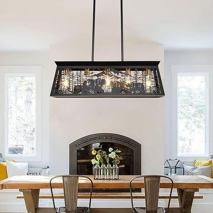 Farmhouse Rustic Dining Room Light Fixture with Bear Design, Black Kitchen Island Lighting, Black Rectangle Chandeliers，Rustic Chandelier for Dining Room Kitchen Island (32-Inch 5-Light)