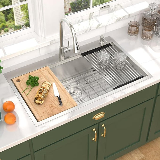 36 Inch Drop In Kitchen Sink with Faucet Combo - 36x22 Workstation All-In One 16 Gauge Stainless Steel Single Bowl Topmount Large Sink For Kitchen with Accessories, #TLT-0021