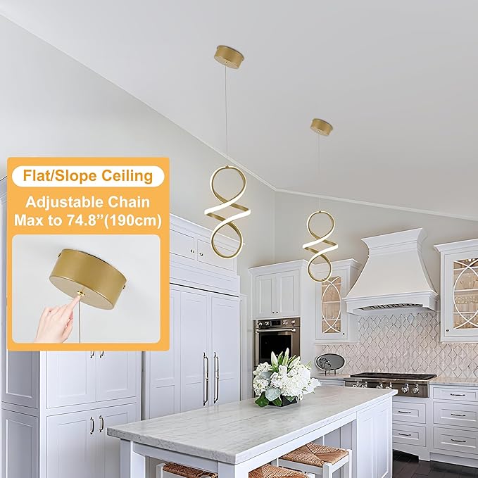 MAYNA Spiral Kitchen Pendant Lighting, 4000K Modern LED Pendant Light Fixture, 18W Adjustable Height Island Light Fixture for Kitchen Bedroom Kitchen Island Cafe, 1 Pack (Gold)
