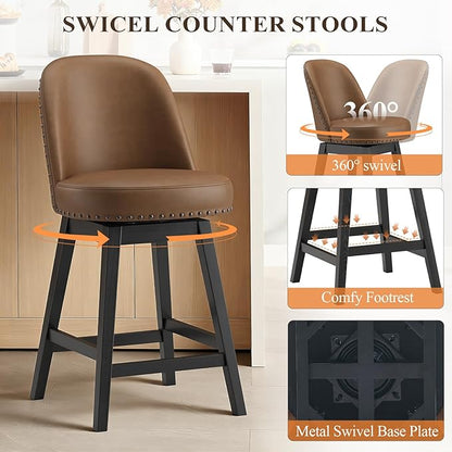 MALOL Swivel Bar Stool, PU Leather Mid Century Mondern Barstool, 26 inch Counter Height Bar Chair with Solid Back and Wood Legs, for Kitchen Island，Brown