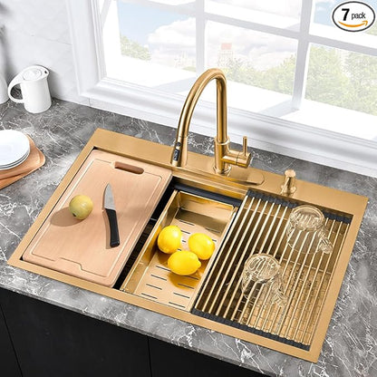 33 Inch Gold Kitchen Sink Drop In Workstation-Hovheir 33x22 Drop In Top Mount Kitchen Sink 16 Gauge Stainless Steel Single Bowl Deep Brushed Gold Sinks with Cutting Board