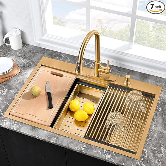 33 Inch Gold Kitchen Sink Drop In Workstation-Hovheir 33x22 Drop In Top Mount Kitchen Sink 16 Gauge Stainless Steel Single Bowl Deep Brushed Gold Sinks with Cutting Board