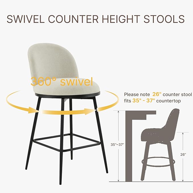 KISLOT Counter Height Swivel Bar Stools Set of 3, 26" Upholstered Linen Fabric Barstools with Backs and Metal Legs for Kitchen Island,Linen