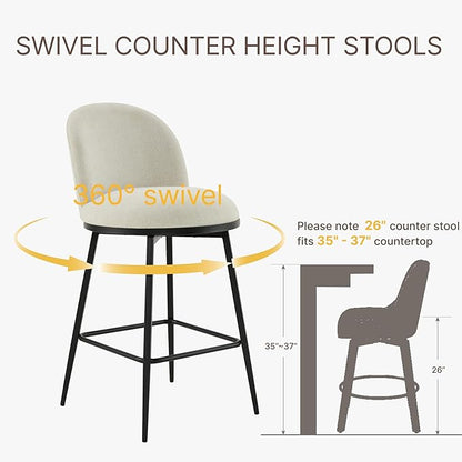 KISLOT Counter Height Swivel Bar Stools Set of 3, 26" Upholstered Linen Fabric Barstools with Backs and Metal Legs for Kitchen Island,Linen