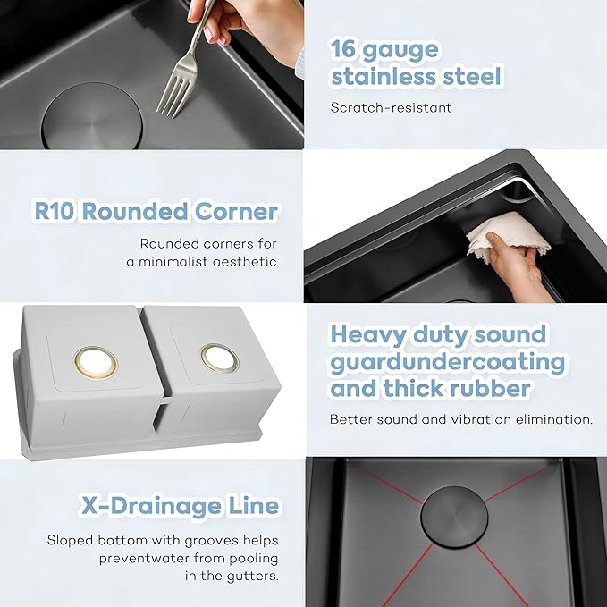 Black Undermount Kitchen Sink 32 x 18 Inch, 50/50 Double Bowl Kitchen Sinks, 16 Gauge Stainless Steel Workstation Sink with Ledge & Accessories, 32" x 18" x 10" Large and Deep Double Sink