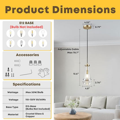 2 Pack Pendant Light for Kitchen Island, Raindrop Gold Modern Crystal Glass Pendant Lights, Pendant Lights in Kitchen Island, E12 Bulb Indoor Island Pendant Lights,for Dining Room,Living Room