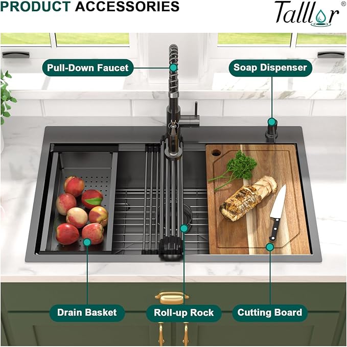 Drop In Kitchen Sink - 33x22 Drop In Gunmetal Black Kitchen Sink with Faucet Combo Workstation NANO-PVD 16 Gauge Stainless Steel Topmount Single Bowl Sinks Round Corners #TL-FDOE00097