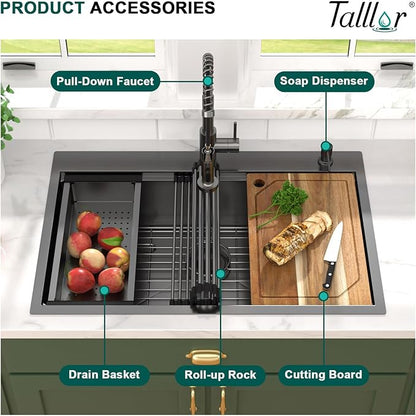 Drop In Kitchen Sink - 33x22 Drop In Gunmetal Black Kitchen Sink with Faucet Combo Workstation NANO-PVD 16 Gauge Stainless Steel Topmount Single Bowl Sinks Round Corners #TL-FDOE00097