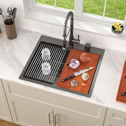 Dcolora 25 Inch Black Kitchen Sink Drop In, Nano-PVD Black Stainless Steel Workstation Sink Single Bowl Topmount with Accessories All-In-One, #DC-T8861 25"x20"x10"