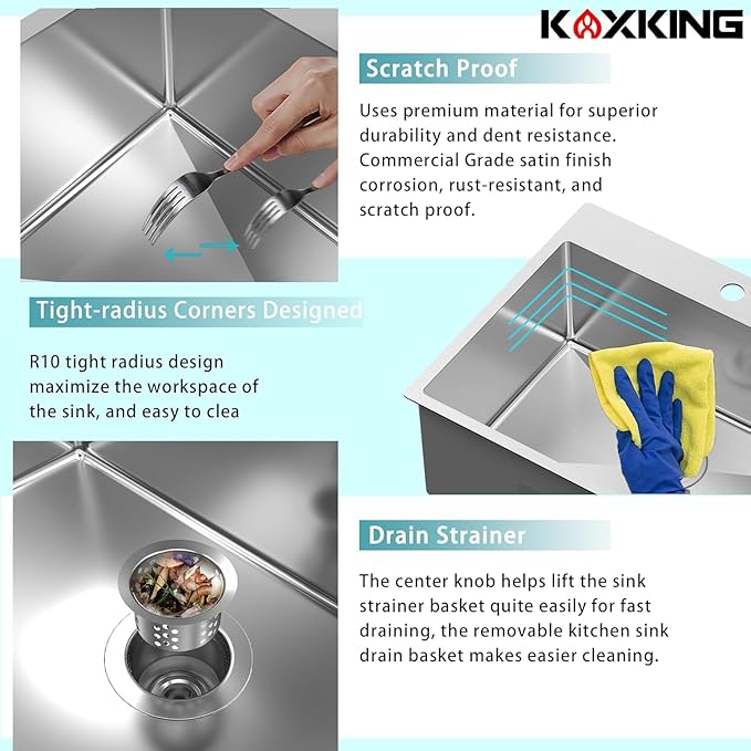 25x22 Inch Drop In Kitchen Sink, 9-Inch Deep 18 Gauge Stainless Steel Topmount Single Bowl with Bottom Grid & Strainer - Modern Upgrade for Small Kitchen Remodel & Bar Prep