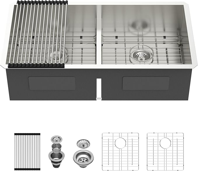 36 Inch Undermount Double Bowl Kitchen Sink 16 Gague 304 Stainless Steel Double Handmade Sinks 50/50 Large Deep Double Bowl Sinks 36"x19"x10"