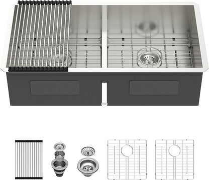 36 Inch Undermount Double Bowl Kitchen Sink 16 Gague 304 Stainless Steel Double Handmade Sinks 50/50 Large Deep Double Bowl Sinks 36"x19"x10"