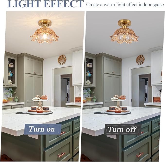 Semi Flush Mount Ceiling Light,Vintage Lights Fixture Ceiling E26 Base，Amber Shade Glass Hallway Light Fixture for Porch Kitchen Bedroom, Bulb Included
