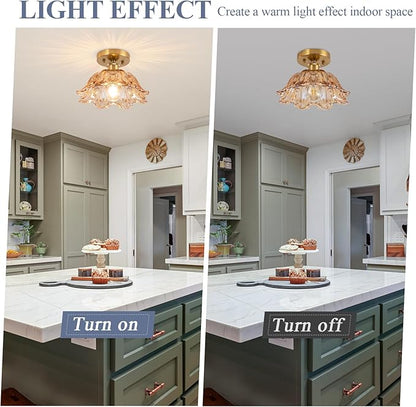 Semi Flush Mount Ceiling Light,Vintage Lights Fixture Ceiling E26 Base，Amber Shade Glass Hallway Light Fixture for Porch Kitchen Bedroom, Bulb Included