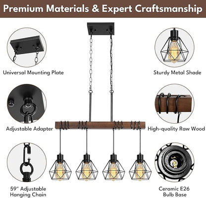 4-Light Modern Farmhouse Chandelier for Dining Room - Black Metal & Rustic Wood Kitchen Island Lighting with Adjustable Height, 29.5" Linear Pendant Light Fixture with Diamond Shades, UL Listed