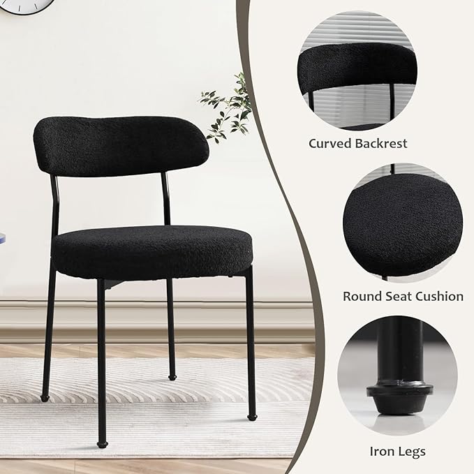 Black Boucle Dining Chair Set of 2, Modern Oval Upholstered Dining Chairs with Curved Back and Metal Leg for Dining Room,Restaurant,Kitchen Island(Black Leg)