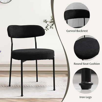 Black Boucle Dining Chair Set of 2, Modern Oval Upholstered Dining Chairs with Curved Back and Metal Leg for Dining Room,Restaurant,Kitchen Island(Black Leg)