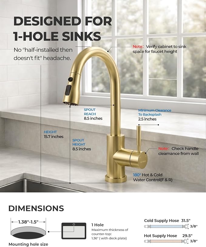 WEWE Kitchen Faucets with Pull Down Sprayer, Stainless Steel Single Handle 1 Hole for Family Kitchen Commercial Camper Laundry Rv Bar, Gold