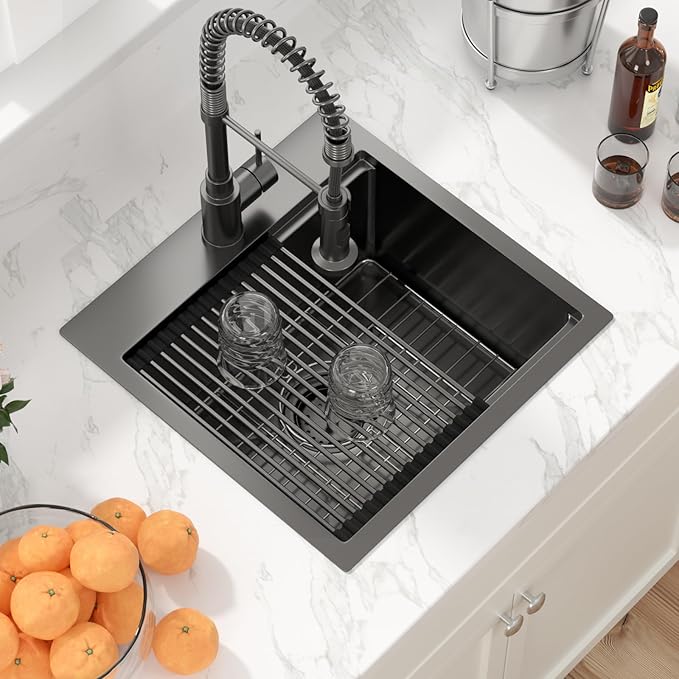 Sarlai Drop Bar Sink - 18 Inch Black Outdoor Kitchen Sink Gunmetal Black Drop In Workstation 18 x 18 Topmount Stainless Steel 16 Gauge Single Bowl Kitchen Bar Prep RV Outdoor Sinks Basin