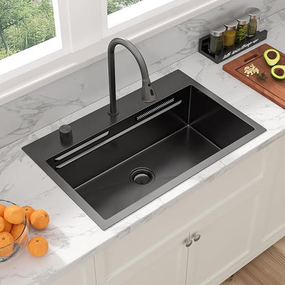 Sarlai 31 Inch Black Waterfall Kitchen Sink Drop In - 31x20 Inch Drop In Waterfall Sink Ledge Workstation Black Stainless Steel 16 Guage Single Bowl Kitchen Sinks Basin