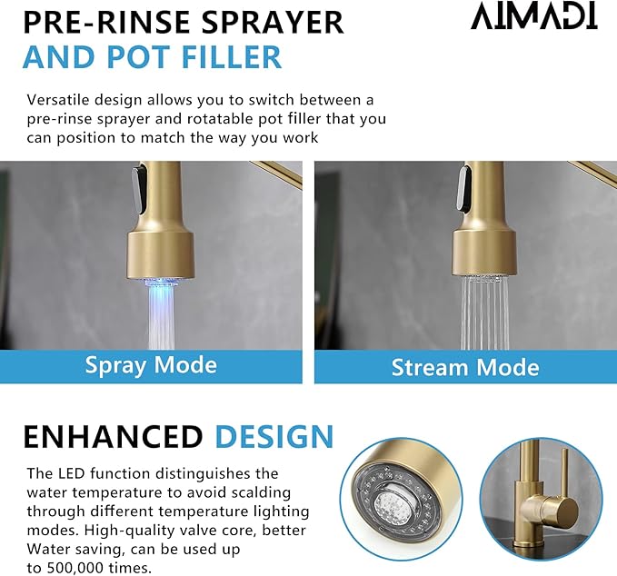 Gold Kitchen Faucet with Sprayer,AIMADI Modern Single Handle Spring Brushed Gold Pull Down Kitchen Faucet with LED Light