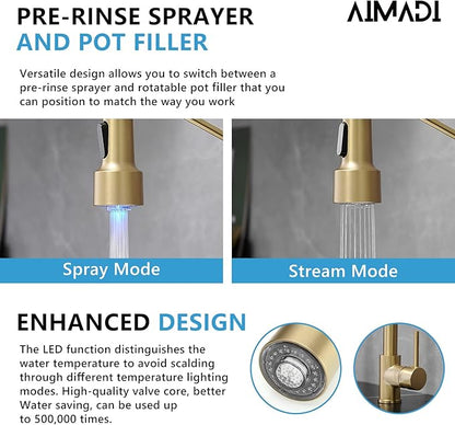 Gold Kitchen Faucet with Sprayer,AIMADI Modern Single Handle Spring Brushed Gold Pull Down Kitchen Faucet with LED Light