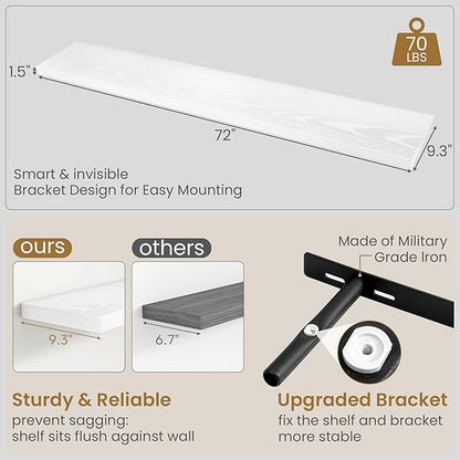 Fun Memories 72 Inch Floating Shelves in White, 9.3 Inch Deep Floating Shelf for Bathroom Living Room Kitchen, Rusitc Wall Mounted Bathroom Shelves 1 Pack, Heavy-Duty Deep Shelf for Books Decor
