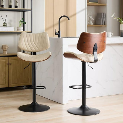 Modern Mid Century Adjustable Counter Height Leather Upholstered 360°Swivel Bar Chairs for Kitchen Island/Dining Room/Cafe, 2 Chair