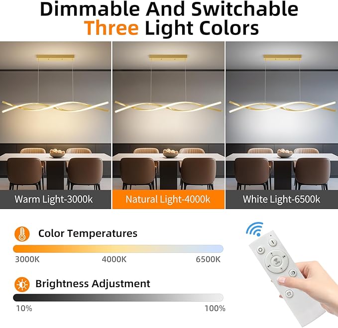 Modern LED Ceiling Pendant Light, 39IN Gold Modern Chandelier with Remote Control 3000k-6500K Adjustable Color Temperature, Aluminum Island Lighting Lamp for Dining Room, Living Room, Island