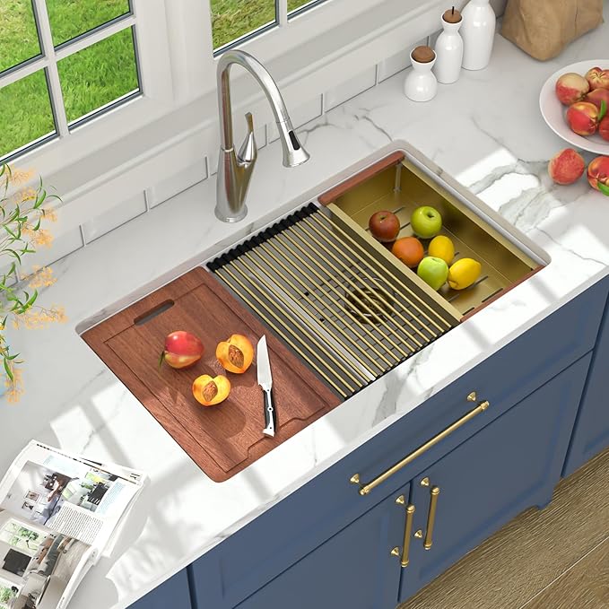 Lordear 33 Inch Granite Composite Kitchen Sink Double Bowl 33"X19" White Undermount 50/50 Workstation Quartz Sink With Ledge Classic Under Counter Basin