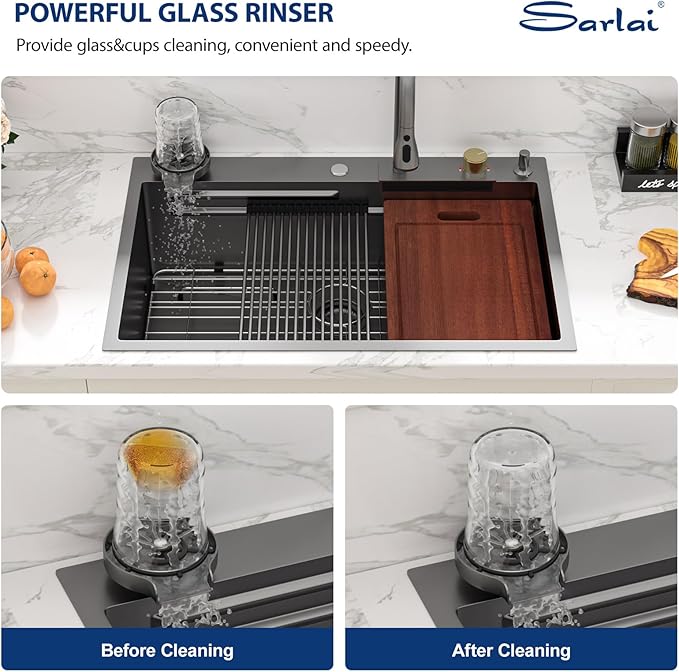Sarlai 30 Inch Waterfall Kitchen Sink Workstation - 30x22 Black Waterfall Drop In Sink Stainless Steel 16 Gauge Sink Multifunction Single Bowl Smart Top Mount Kitchen Sinks with Faucet Combo