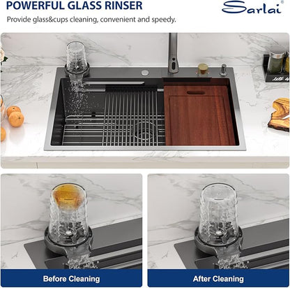Sarlai 30 Inch Waterfall Kitchen Sink Workstation - 30x22 Black Waterfall Drop In Sink Stainless Steel 16 Gauge Sink Multifunction Single Bowl Smart Top Mount Kitchen Sinks with Faucet Combo