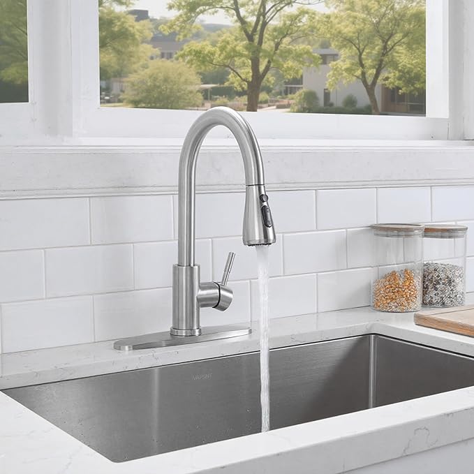 HOTIS Kitchen Faucet with Pull Down Sprayer, Brushed Nickel Stainless Steel High Arc Single Handle Faucets with Deck Plate for 1 or 3 Hole, Suitable for Farmhouse Camper Rv Bar, HT-KYT010L-D-2