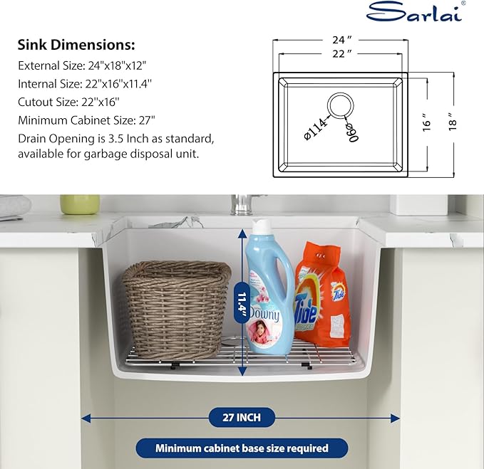 Sarlai 24 Inch Undermount Laundry Sink Granite Composite - 12 Inch Deep Utility Laundry Sink 24x18 White Kitchen Sinks Undermount Quartz Classic Under Counter Single Bowl Basin