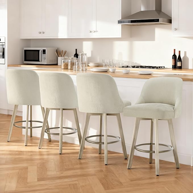 Counter Height Bar Stools Set of 4, Modern Swivel Barstools with Back and Wood Legs, Fabric Upholstered Bar Chairs, 26" Seat Height Counter Stools for Kitchen Island,Sand