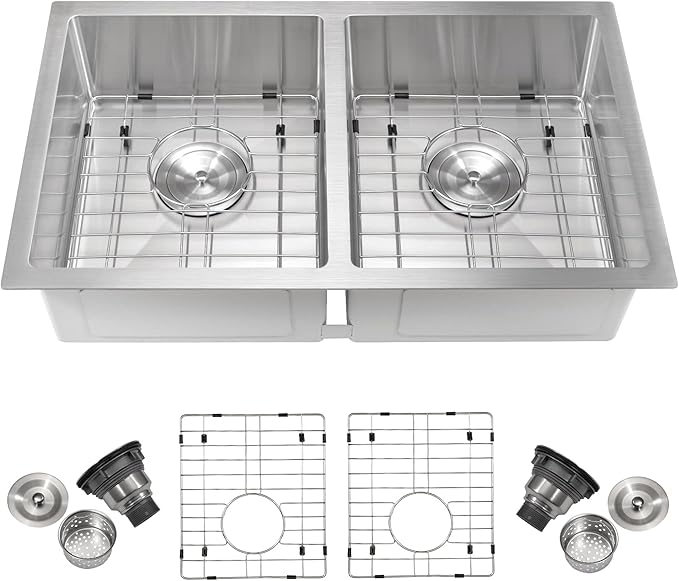 GarveeTech Undermount Kitchen Sink 36 x 19 x 10 Inch, Double Bowl Stainless Steel Sink, Brushed Finish, Includes Bottom Grids & Drain Assemblies