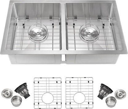 GarveeTech Kitchen Sinks,33×19×10 inch Double Bowl Undermount Kitchen Sink – Brushed 304 Stainless Steel with 2.0mm Rim, 1.0mm Bowl, Deep Basin Design, Bottom Grids & Drain Assembly