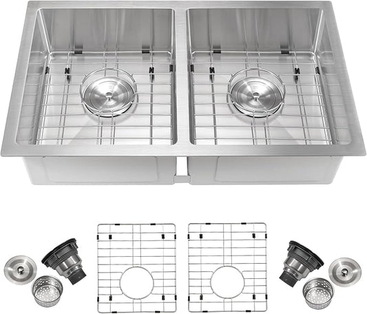GarveeTech Kitchen Sinks,33×19×10 inch Double Bowl Undermount Kitchen Sink – Brushed 304 Stainless Steel with 2.0mm Rim, 1.0mm Bowl, Deep Basin Design, Bottom Grids & Drain Assembly