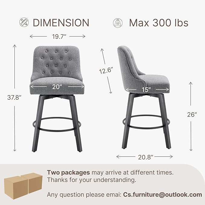 KISLOT Swivel Counter Height Bar Stools Set of 4, 26" Upholstered Fabric Barstools with Back, Thick Seat and Square Solid Wood Legs for Kitchen Island Home Bar, Grey