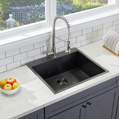 SHACO 25x18 Inch Black Drop In Kitchen Sink, 25 Inch Gunmetal Black Bar RV Laundry Utility Outdoor Stainless Steel 16 Gauge Single Bowl Deep Small Kitchen Sink