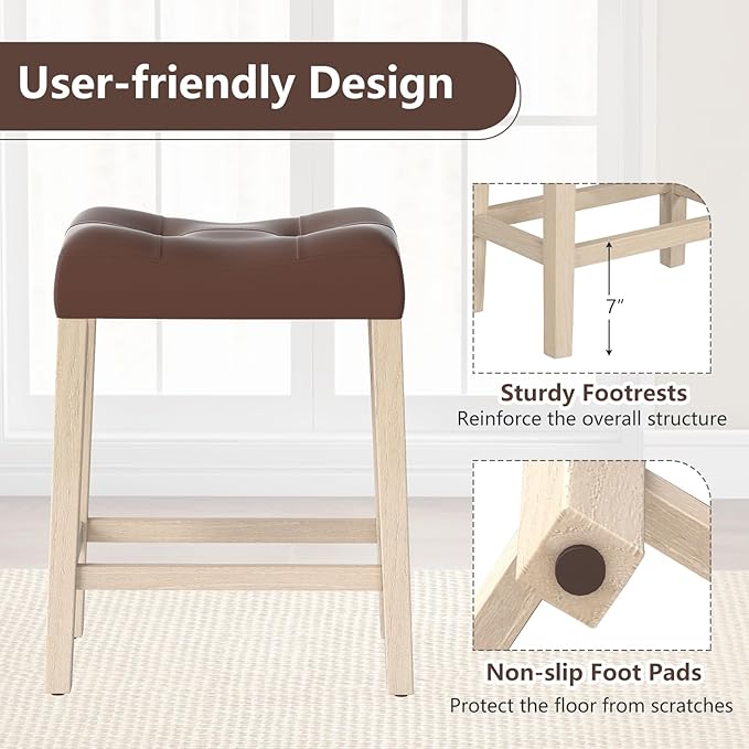 Giantex 24" Bar Stools Set of 4, Upholstered Counter Height Saddle Bar Stools with Footrest and Wood Legs, Farmhouse Faux Leather Backless Barstools for Kitchen Island, Dining Room, Cafe, Brown+Beige