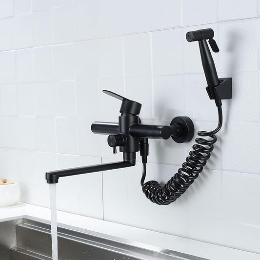 Kitchen Sink Wall Mount Faucet, Matte Black Commercial Faucet with Side Sprayer, Stainless Steel Mixer Tap, Unility Sink Faucet, 7.5-8.5 Inches Center, Spout Reach 9.2"