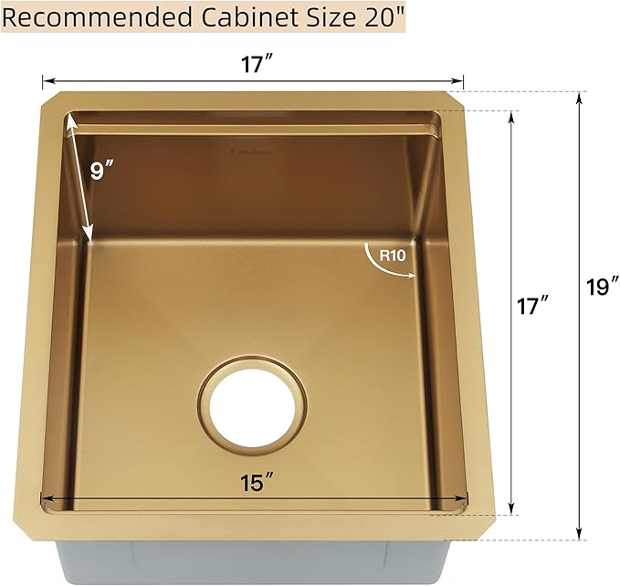 Gold Bar Sink Undermount,Small Bar & Prep Sinks,16 gauge Stainless Steel Bar Sink with Workstation for Wet Bar Area (17" X 19")