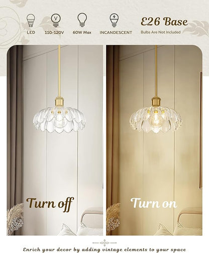 FEMILA 2 Pack Vintage Light Fixtures, Flower Glass Pendant Lights Kitchen Island, Brushed Gold Antique Chandelier, Hanging Light Fixture for Bedroom Hotel Living Room, 4FJX82MIL-2PK BG