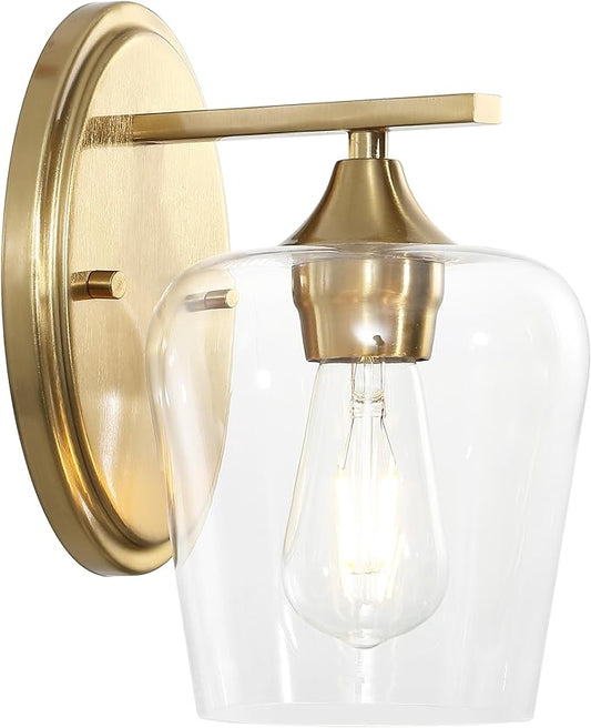 JONATHAN Y 10" Brass Gold 1-Light Farmhouse Rustic LED Vanity Light Sconce, Clear Glass Shade, Vintage Indoor Fixture for Bathroom Mirror, LED Bulb Included (JYL7545B)