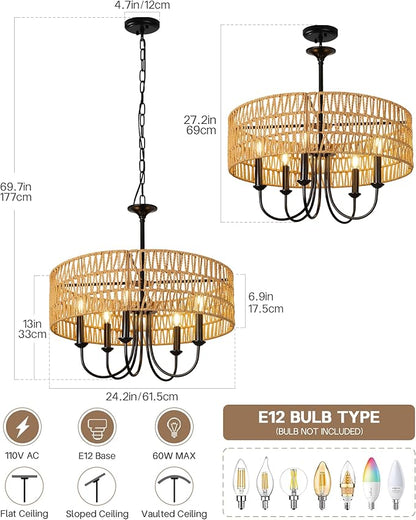 24 Inch Farmhouse Rattan Chandelier, Hand-Woven Boho Pendant Light Fixture with Black Metal Frame, Rustic Hanging Ceiling Lighting for Dining Room, Kitchen Island, Living Room, Bedroom