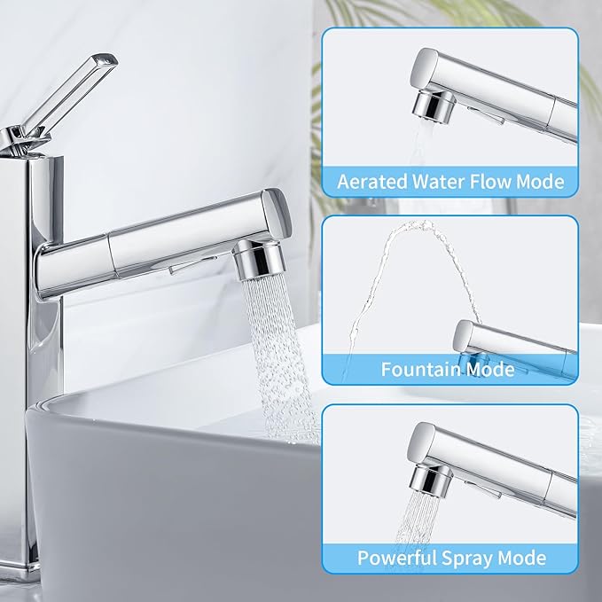 HANLIAN Single Hole Bathroom Pull Out Faucet with Rotating Spout, One Handle Faucet for Bathroom Sink, Modern Bathroom Faucet with Pull Down Sprayer, 3 Modes Vanity Faucets (Tall, Chrome)