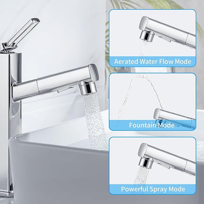 HANLIAN Single Hole Bathroom Pull Out Faucet with Rotating Spout, One Handle Faucet for Bathroom Sink, Modern Bathroom Faucet with Pull Down Sprayer, 3 Modes Vanity Faucets (Tall, Chrome)