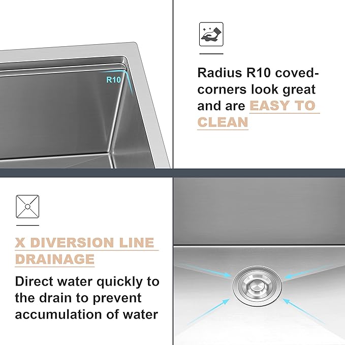 Herogo Kitchen Sink, 33 x 19 Inch Large Farmhouse Undermount Kitchen Sink, 18/10 Stainless Steel R10 Corner 10 Inch Deep Workstation Single Bowl with Accessories