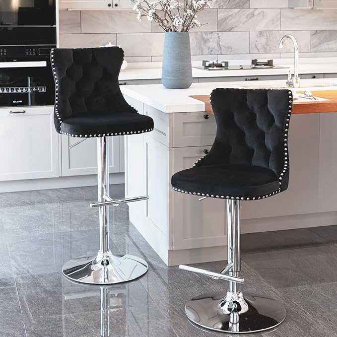 LUMISOL 2 Piece Swivel Velvet Bar Stools, Modern Upholstered Chrome Base Bar Stools with Backs Comfortable Tufted for Home Pub and Kitchen Island, Adjustable Seat Height from 25”-33”, Black